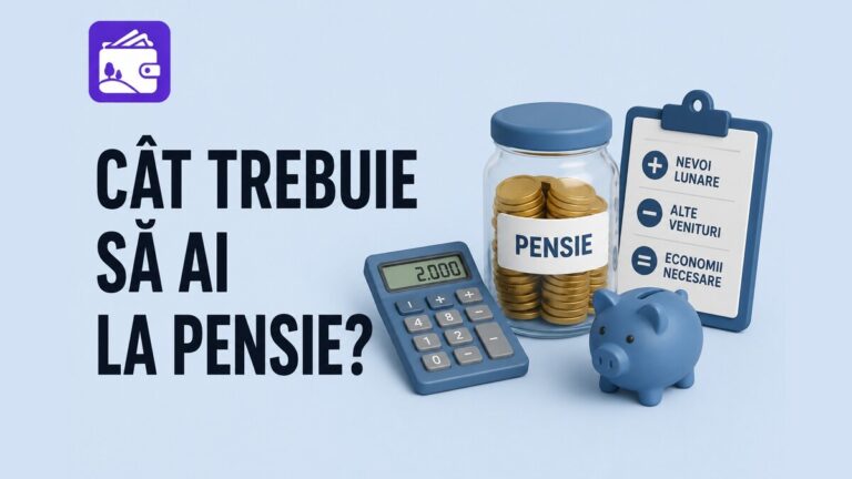 Calculator, borcan cu monede și clipboard, ilustrând calculul sumei necesare la pensie.