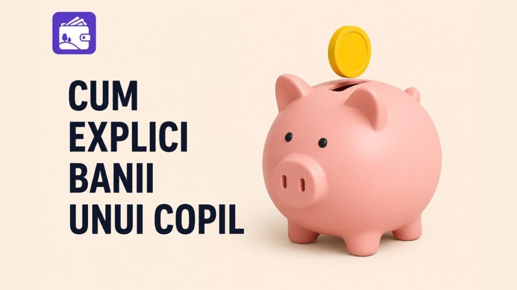 Pușculiță roz și monedă de aur, ilustrând cum explici banii unui copil