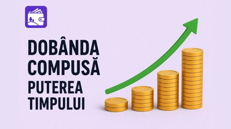 Stive de monede de aur în creștere cu săgeată ascendentă, ilustrând dobânda compusă.
