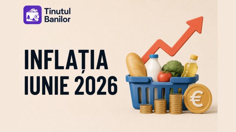 Coș de cumpărături cu alimente, săgeată roșie ascendentă și monede, ilustrând creșterea prețurilor prin inflație