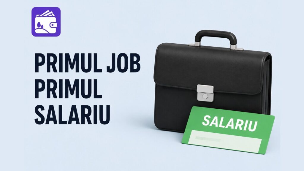 Servietă și card cu inscripția „Salariu", simbol pentru primul job și primul salariu