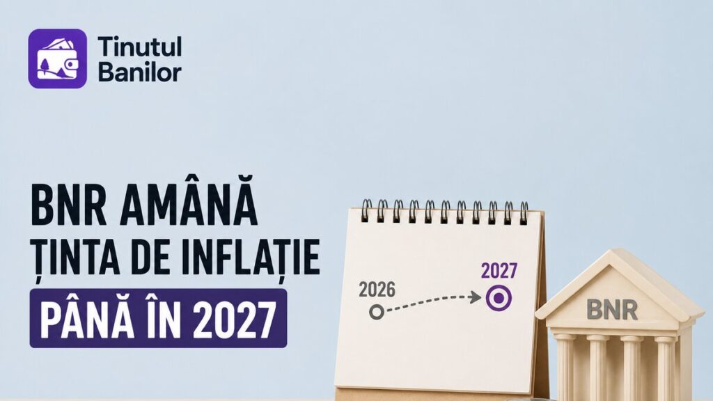 Ilustrație cu un calendar pe care anul 2026 este marcat cu o săgeată spre 2027 și o clădire stilizată cu inscripția BNR - Banca Națională a României amână ținta de inflație până în trimestrul IV 2027