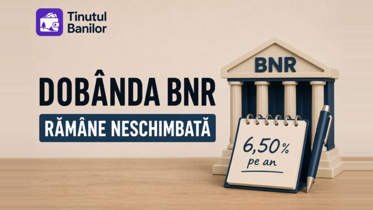 Ilustrație cu sediul stilizat al BNR și un carnețel pe care scrie "6,50% pe an" - dobanda BNR de politică monetară, rămâne neschimbată