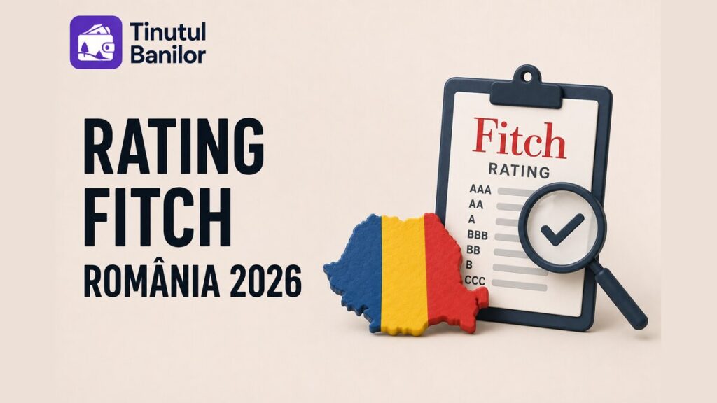 Logo Ținutul Banilor și titlul "Rating Fitch România 2026", cu harta României în culorile drapelului și un clipboard cu evaluarea Fitch Rating