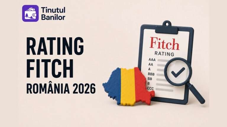 Logo Ținutul Banilor și titlul "Rating Fitch România 2026", cu harta României în culorile drapelului și un clipboard cu evaluarea Fitch Rating