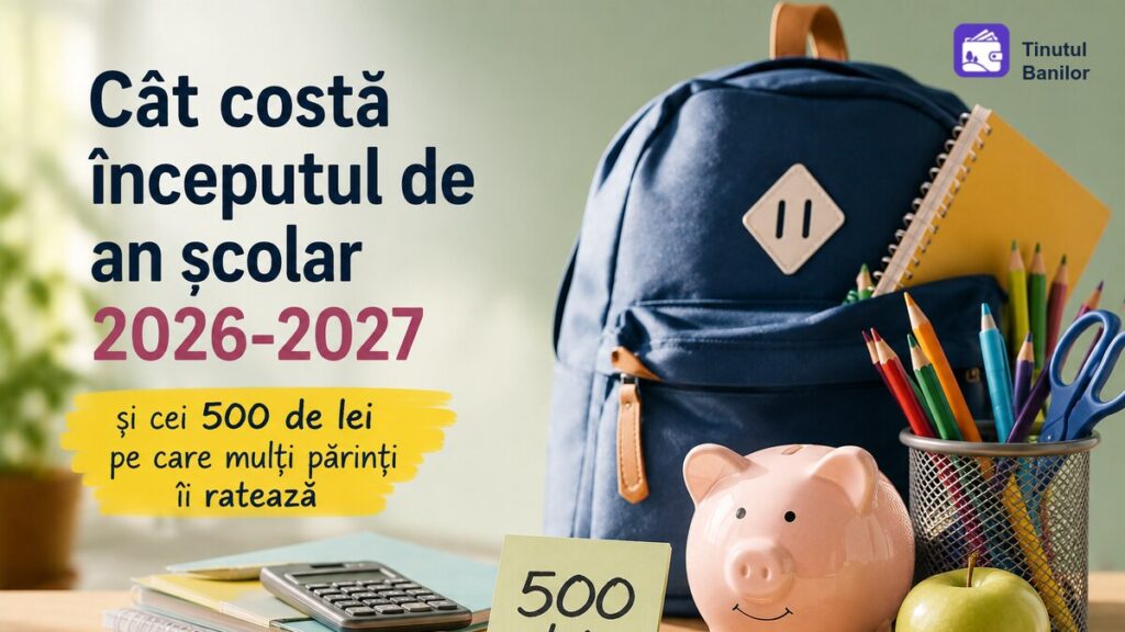 Ghiozdan școlar albastru, rechizite colorate, pușculiță roz și un bilet cu suma de 500 de lei, simbolizând costurile de la începutul anului școlar