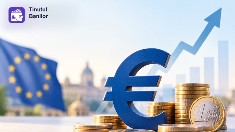 Cursul euro la maxim istoric - simbol euro, monede și steagul Uniunii Europene