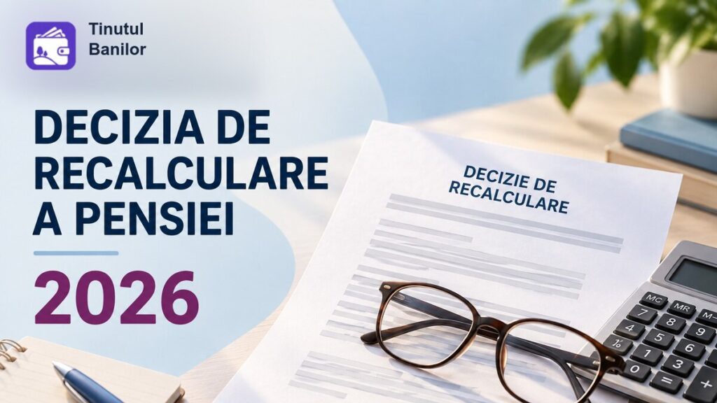 Decizia de recalculare a pensiei 2026 - document, ochelari și calculator pe birou.