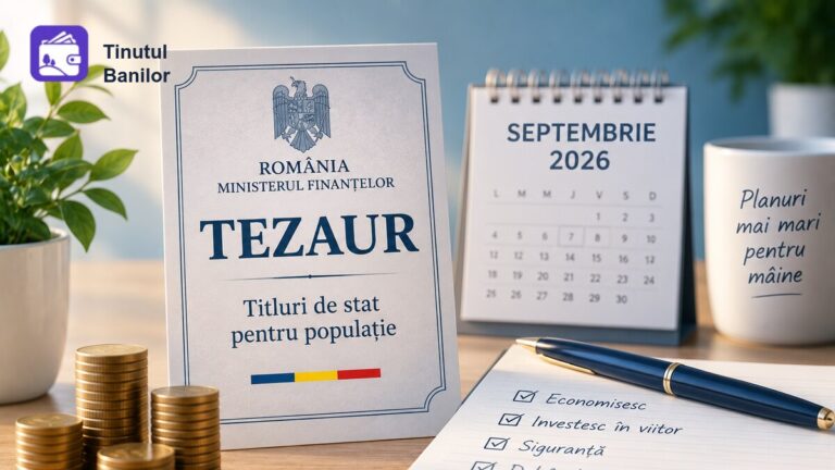 Carte cu titlul „Tezaur" al Ministerului Finanțelor, calendar septembrie 2026, teancuri de monede și un carnet cu lista „Economisesc, Investesc în viitor, Siguranță, Dobândă atractivă"